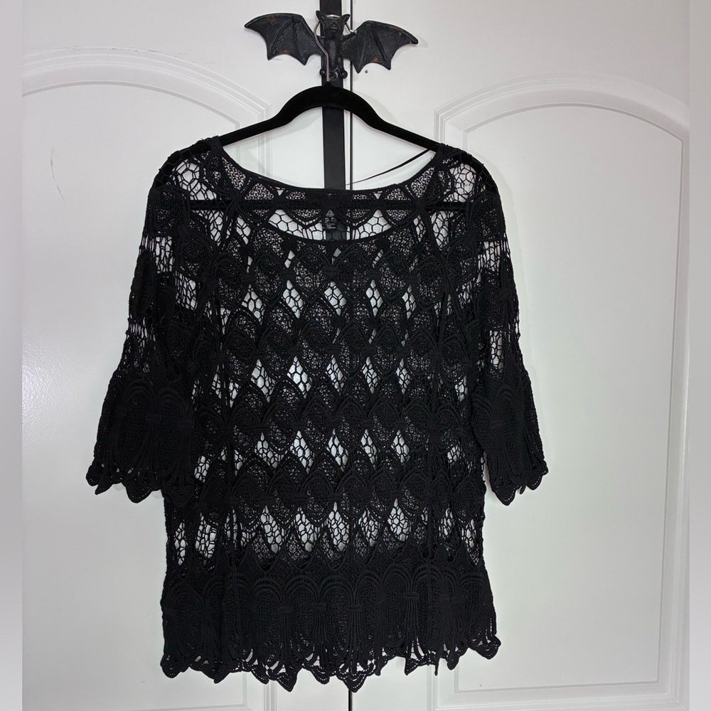 Gothic Black Crochet Lace Sheer Top Elegant, Feminine 100% Cotton size 2X